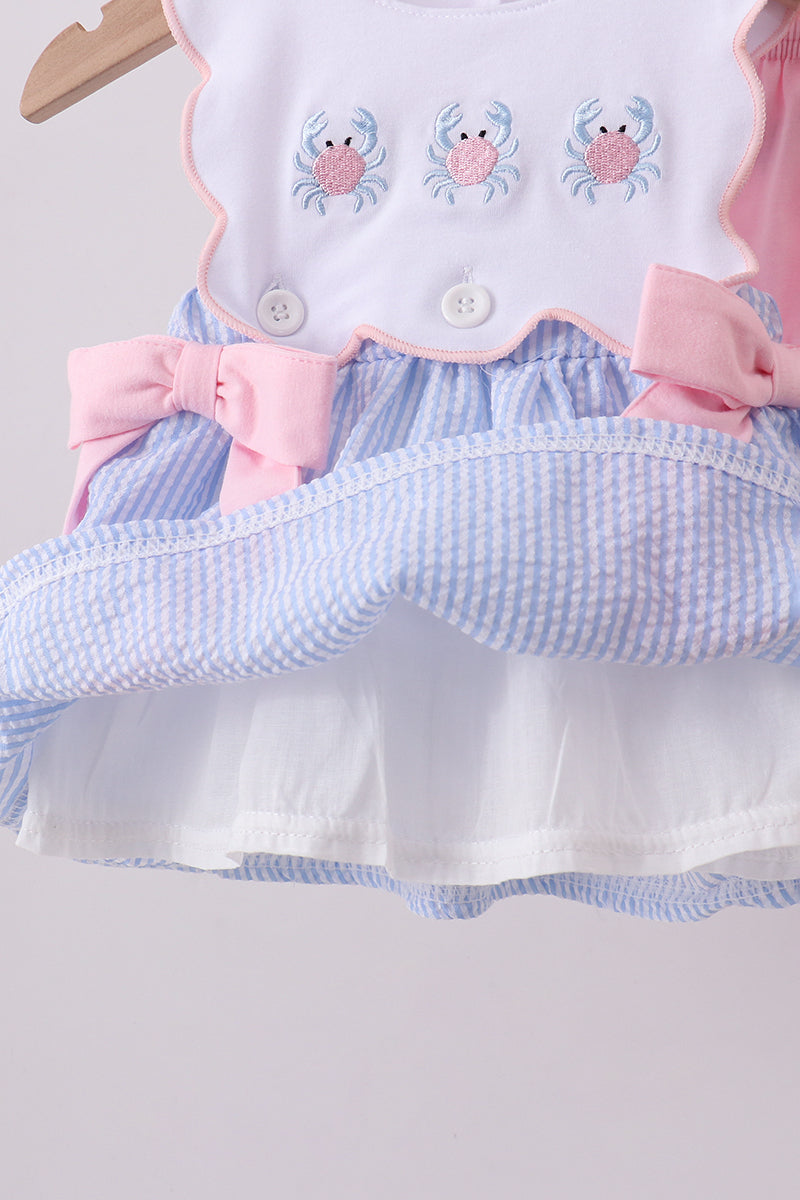 Blue Crab Embroidered Seersucker Bloomer Set