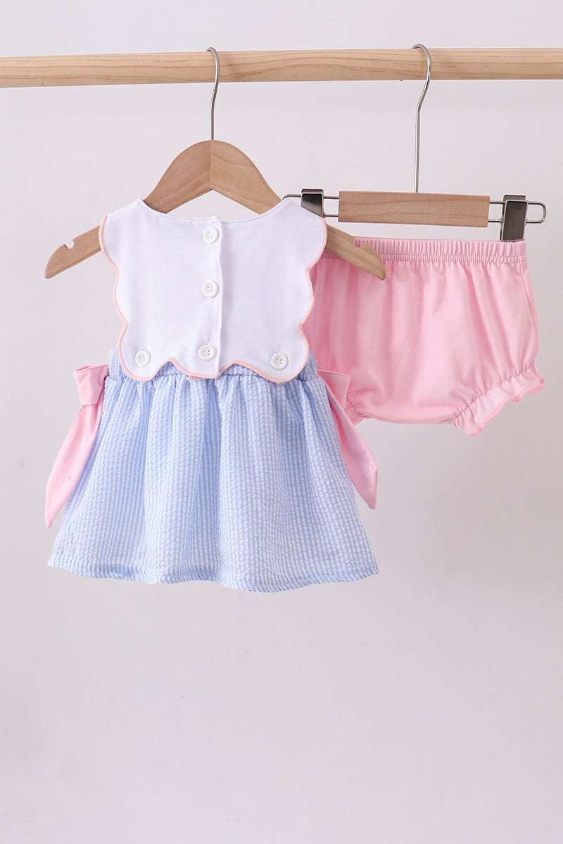 Blue Crab Embroidered Seersucker Bloomer Set