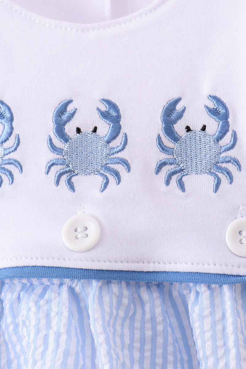 Blue Crab Embroidered Seersucker Bubble