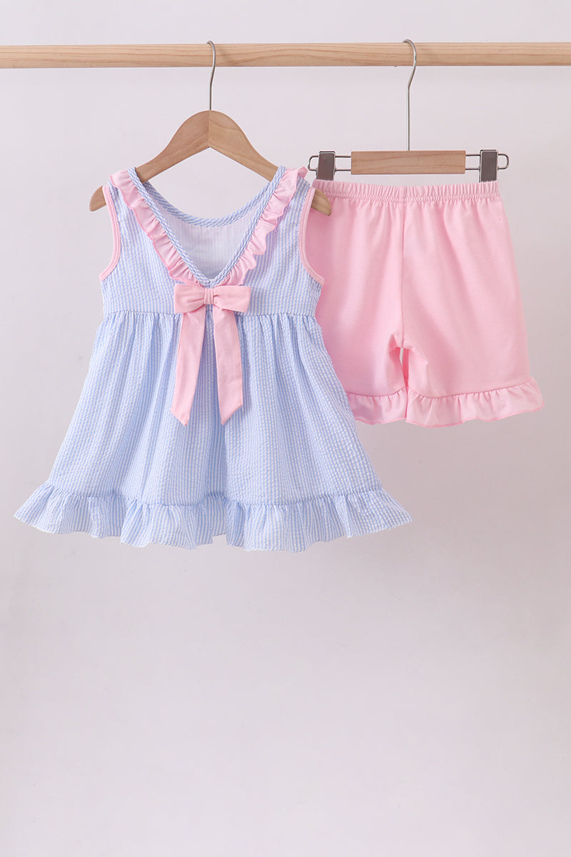 Blue Crab Embroidered Seersucker Ruffle Shorts Set