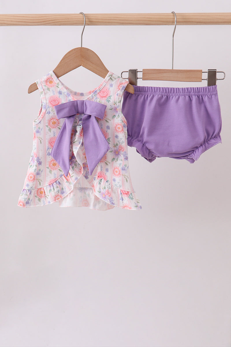 Purple rose bow smocked ruffle bloomer set