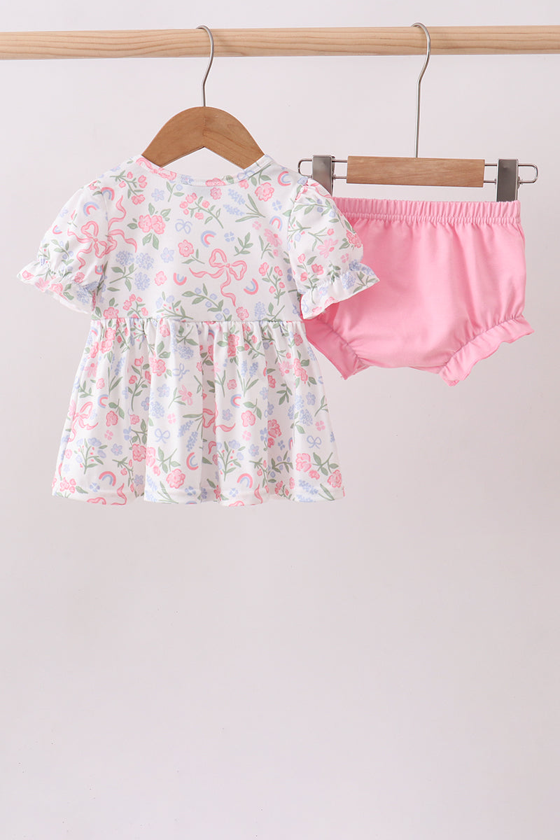 Pink floral bow smocked ruffle bloomer set