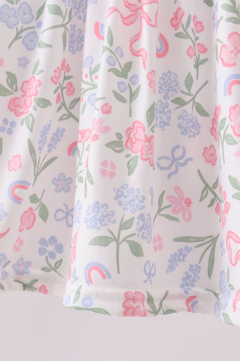 Pink floral bow smocked ruffle bloomer set