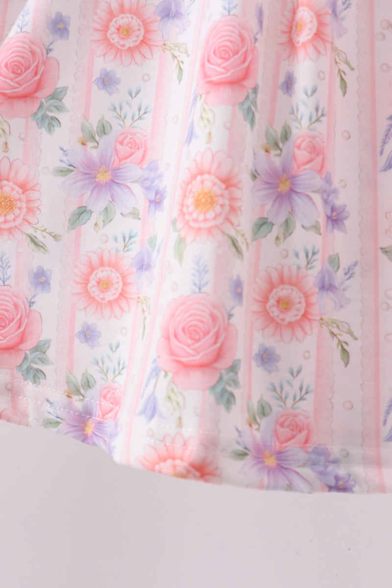 Purple floral embroidery gingham ruffle dress