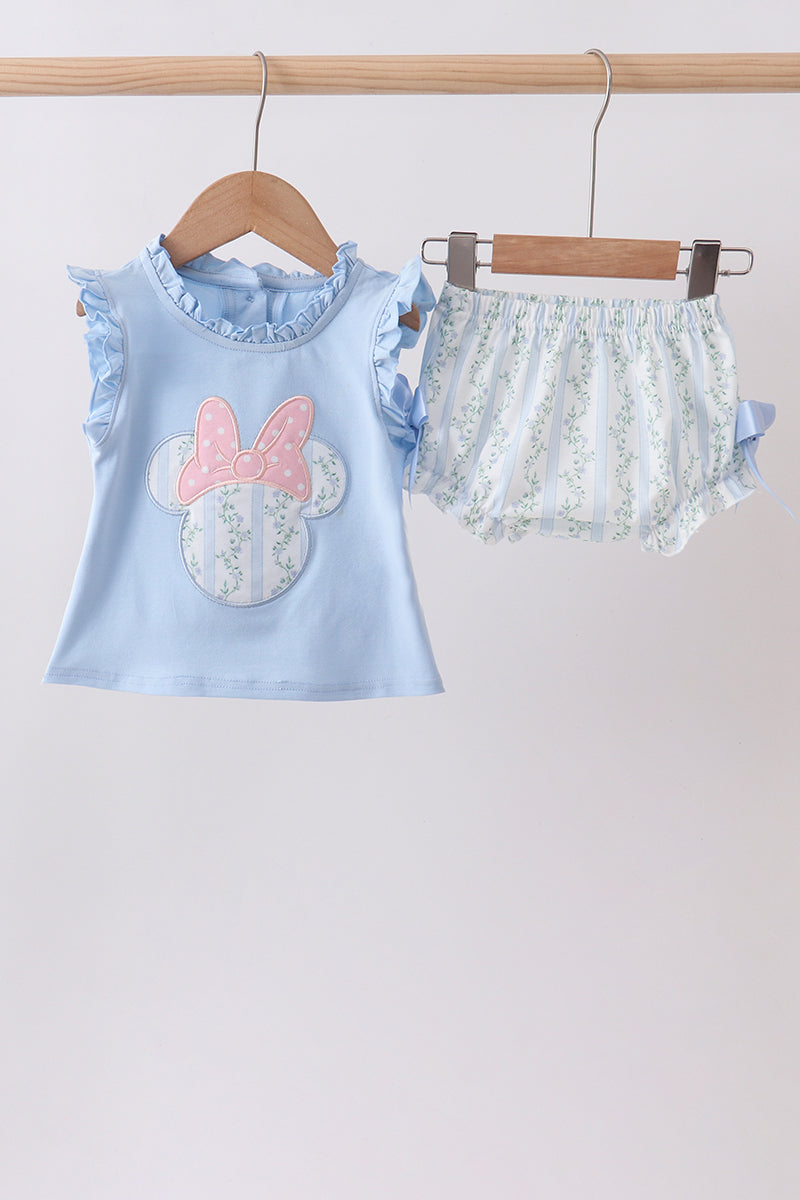 Blue character applique ruffle bloomer set