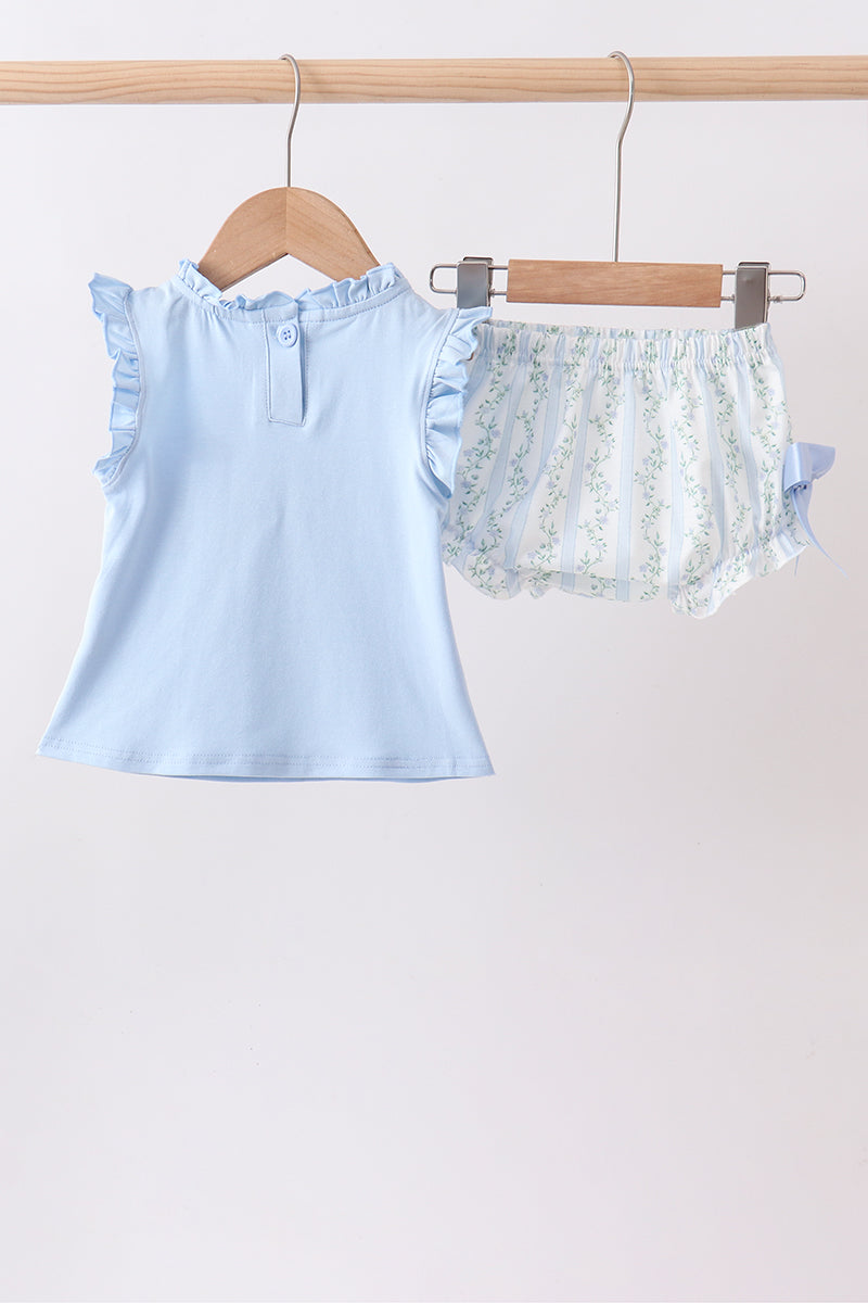 Blue character applique ruffle bloomer set