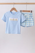 Blue birthday cake smocked plaid shorts set