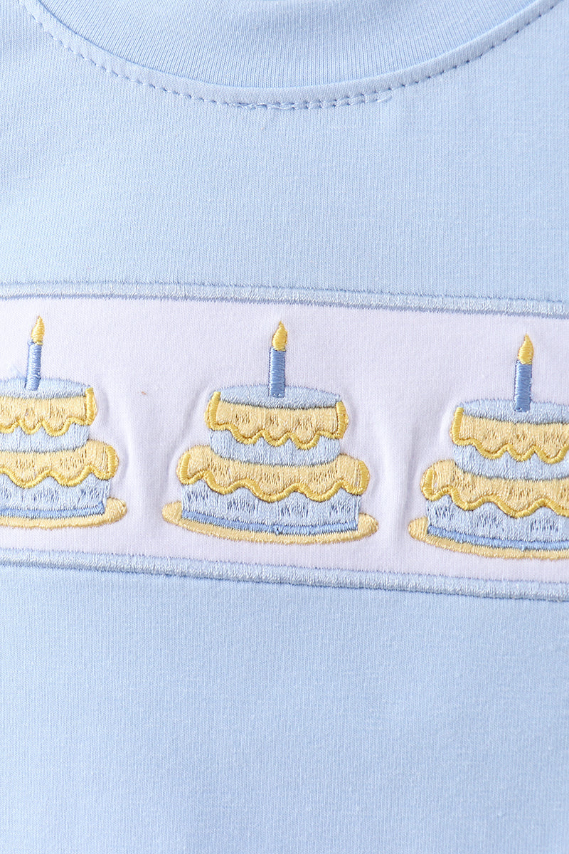 Blue birthday cake smocked plaid shorts set