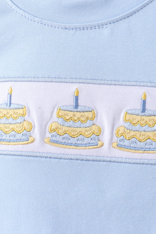 Blue birthday cake smocked plaid shorts set