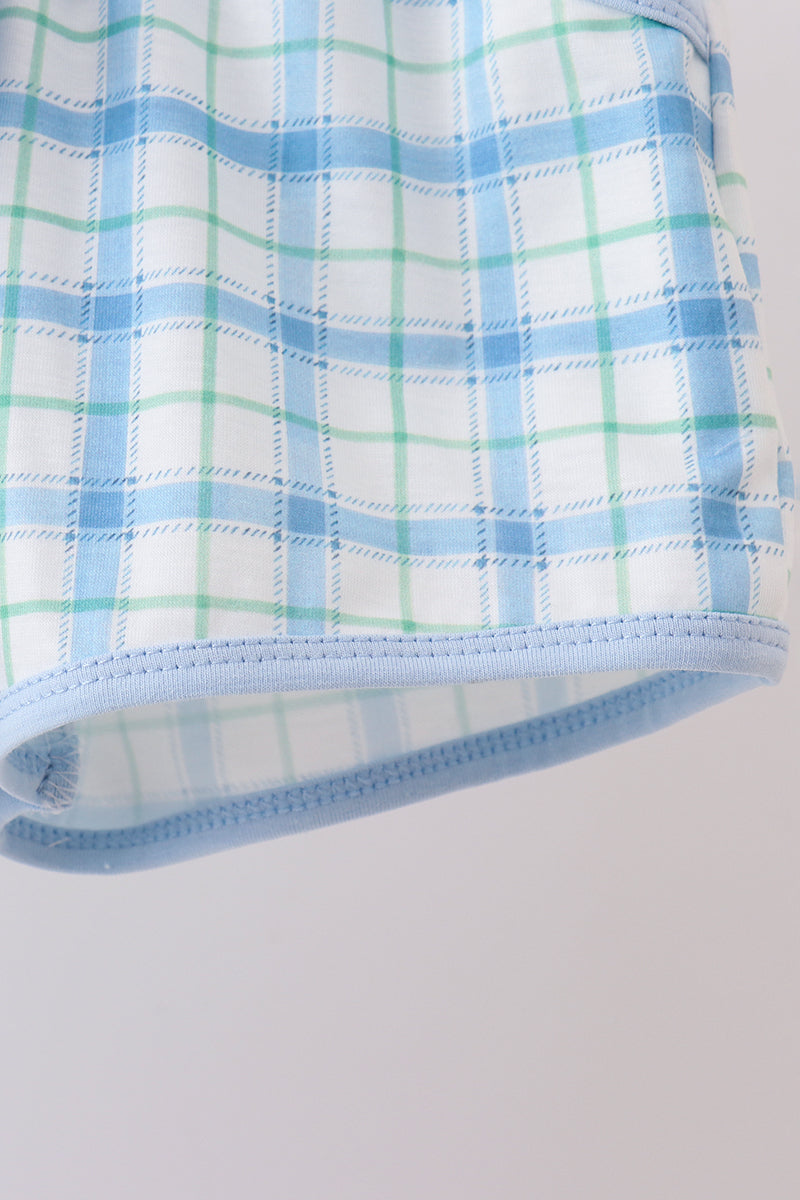 Blue birthday cake smocked plaid shorts set