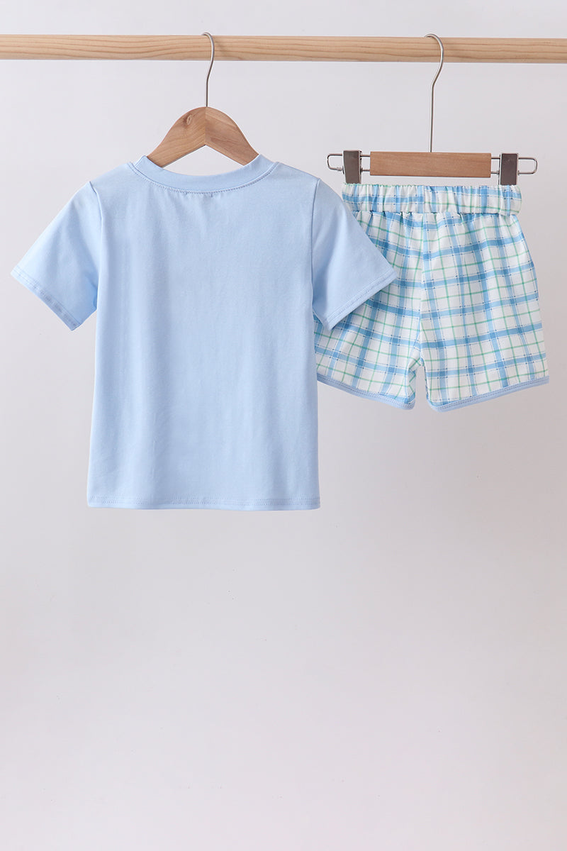 Blue birthday cake smocked plaid shorts set