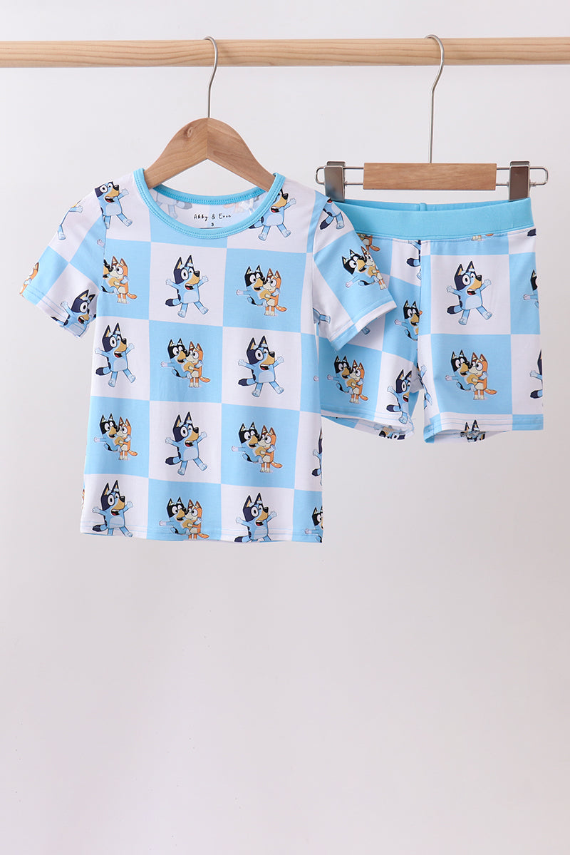 Blue character checkered bamboo pajama set