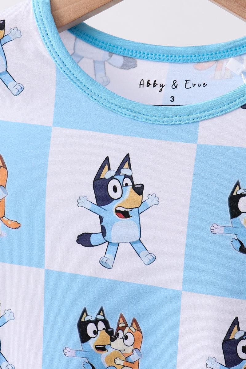 Blue character checkered bamboo pajama set