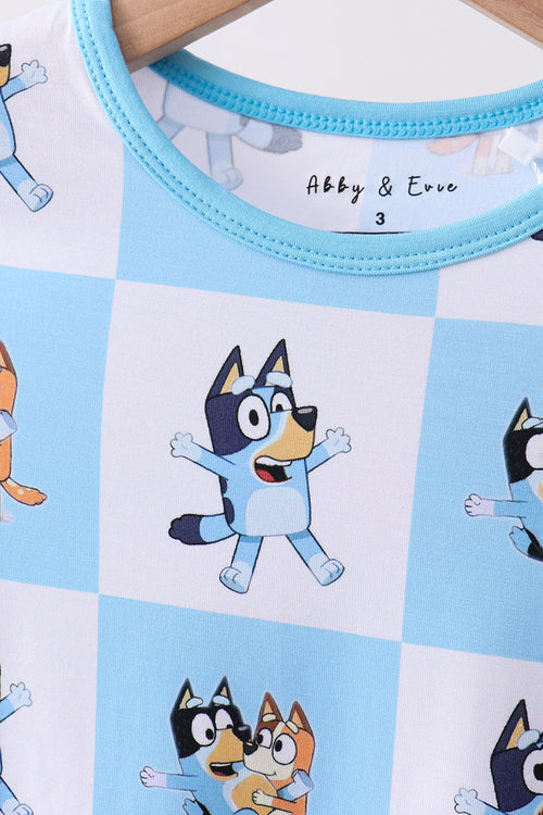 Blue character checkered bamboo pajama set