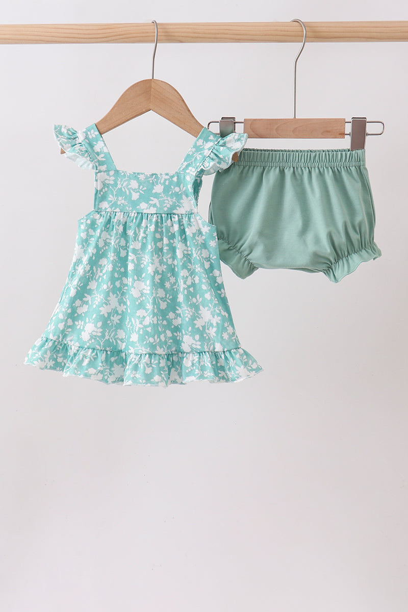 Sage Floral Smocked Bloomer Set
