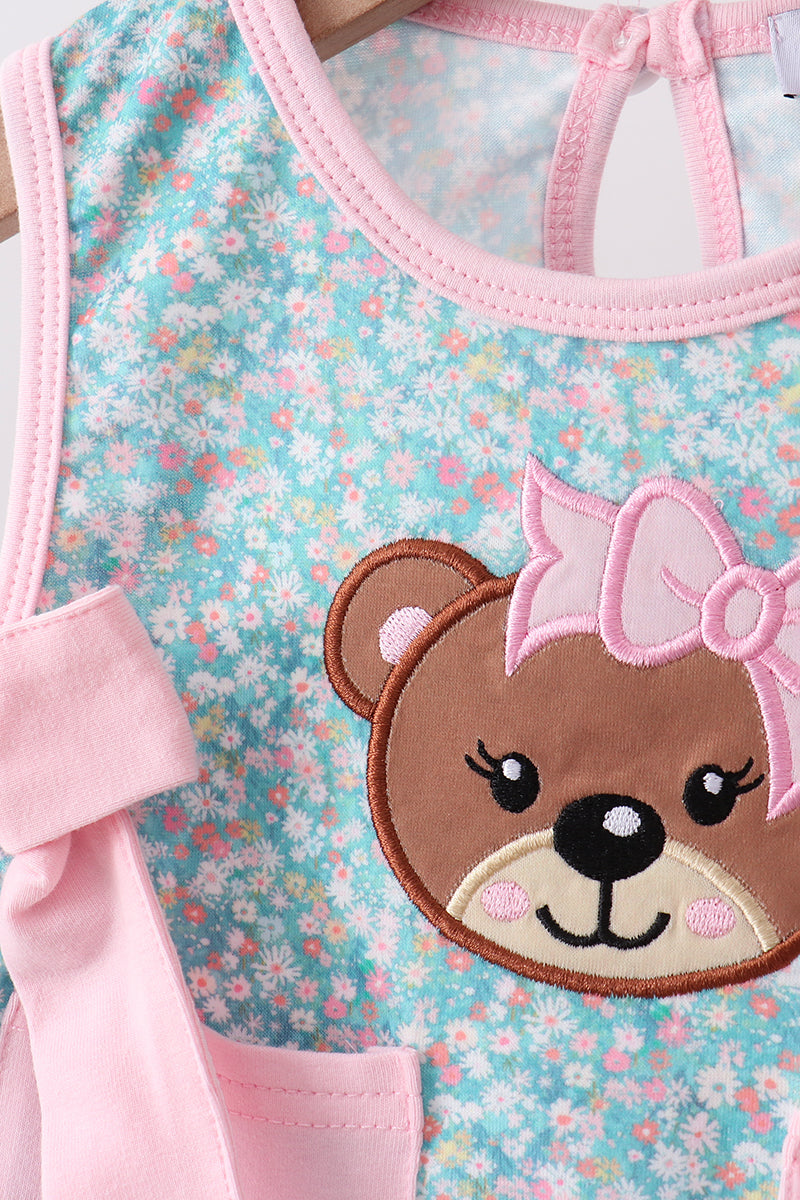 Green Bear Floral Applique Bloomer Set