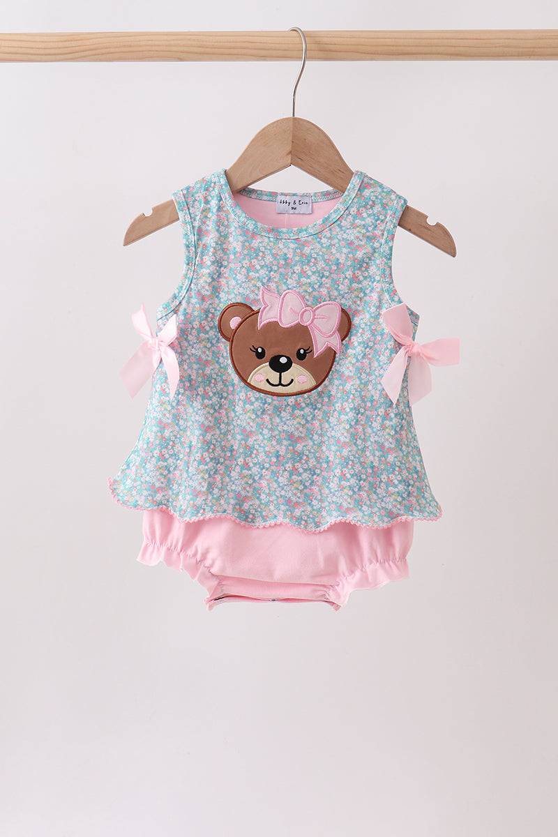 Green Bear Floral Applique Bubble