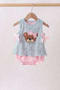 Green Bear Floral Applique Bubble