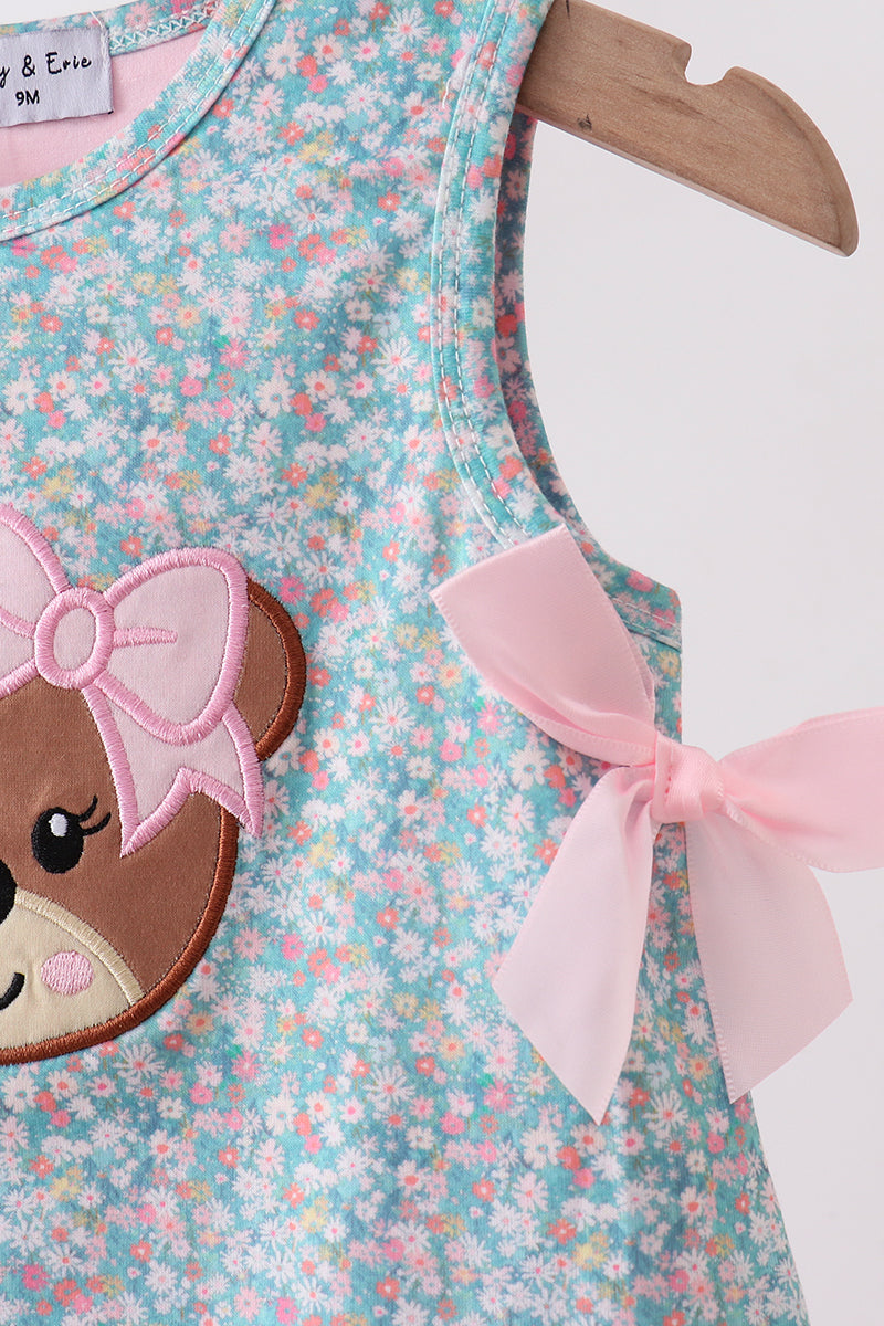 Green Bear Floral Applique Bubble