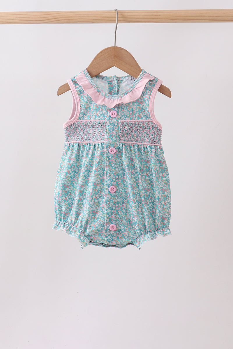 Green Floral Smocked Bubble