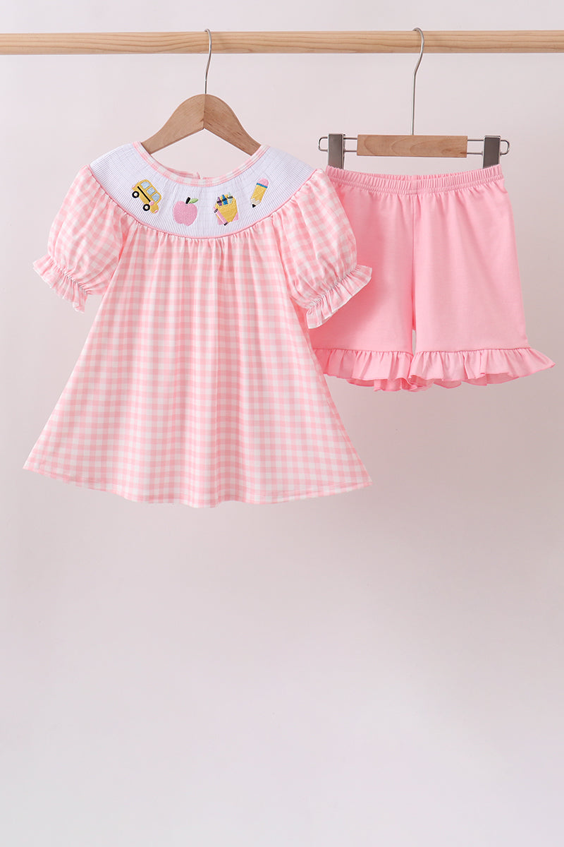 Pink Apple Bus Smocked Ruffle Set