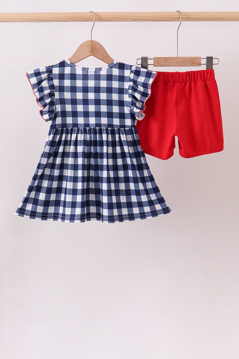 Navy Apple Smocked Ruffle Gingham Set