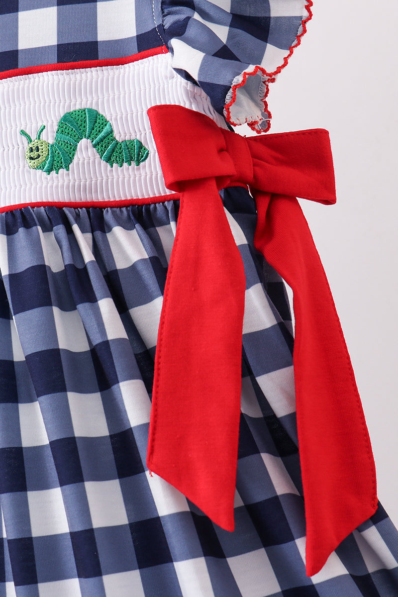 Navy Apple Smocked Gingham Dress