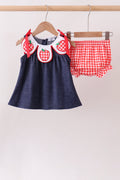 Navy Apple Applique Denim Bloomer Set