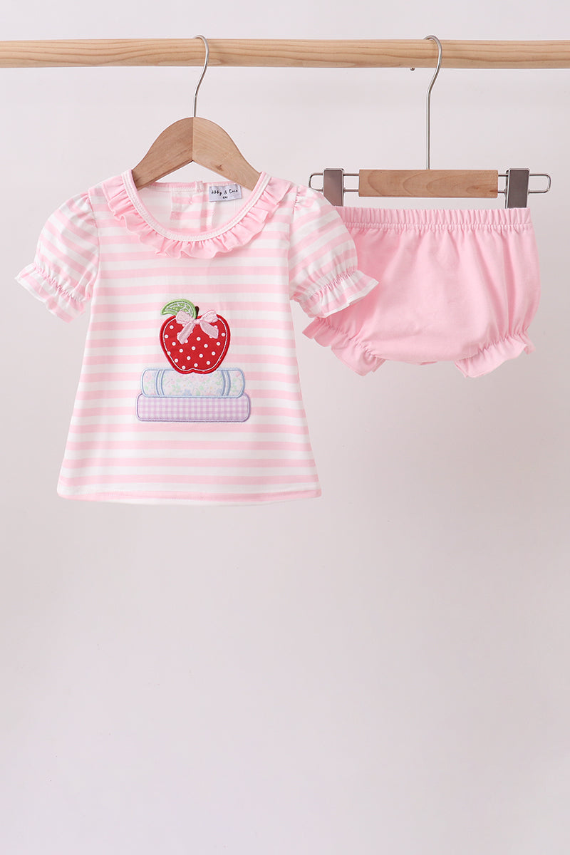 Pink Stripe Apple Book Applique Bubble