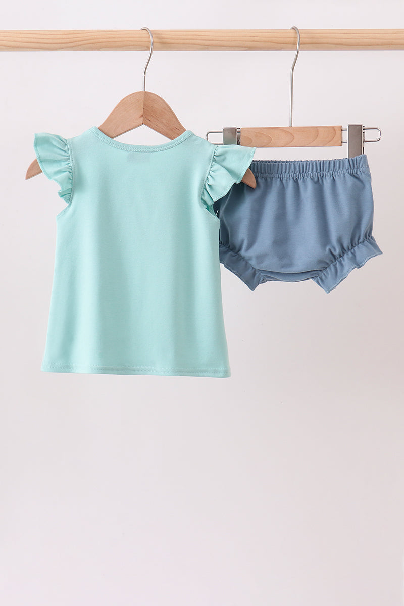 Blue Farm Tractor Embroidered Bloomer Set