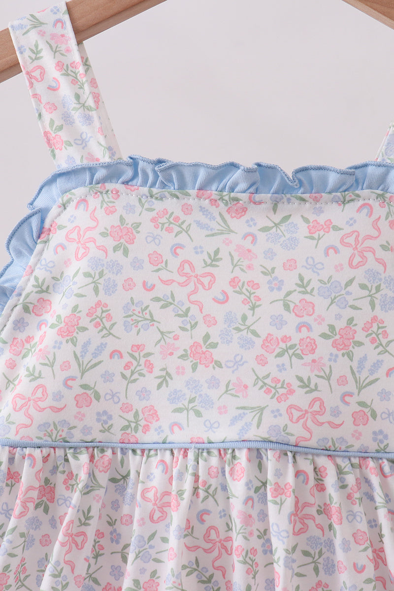 Blue Floral Print Ruffle Dress