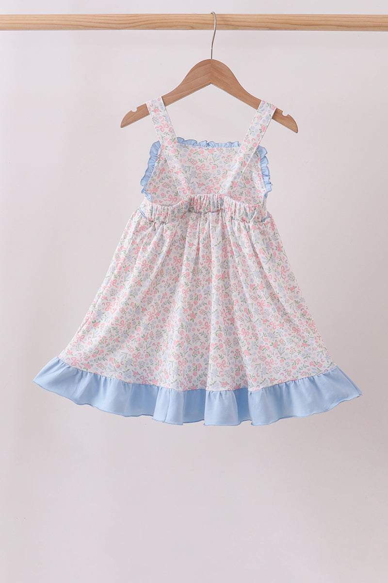 Blue Floral Print Ruffle Dress