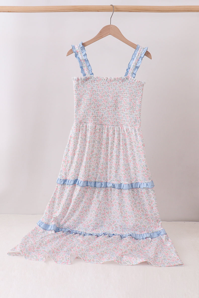 Blue Floral Smocked Mom Tiered Dress