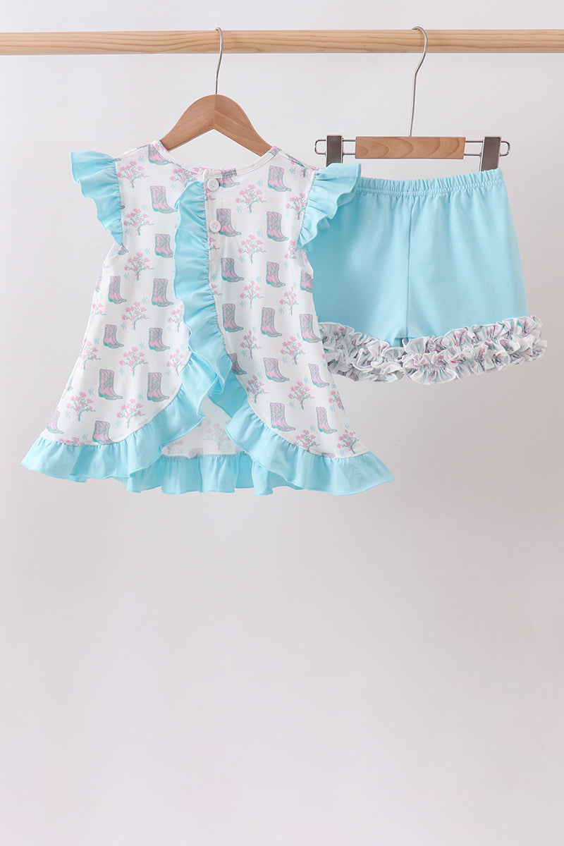 Blue Boots Ruffle Shorts Set