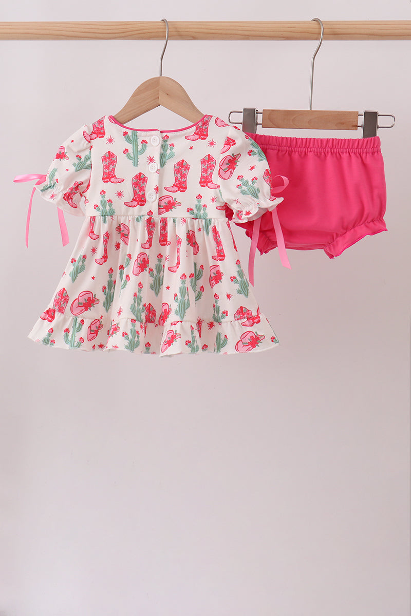 Pink Boots Smocked Bloomer Set
