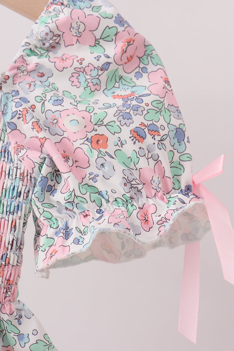 Pink Floral Smocked Swimsuit