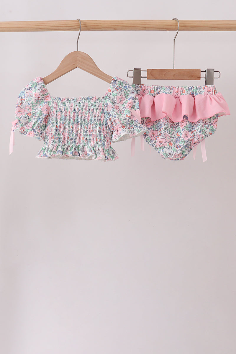 Pink Floral Smocked Swimsuit