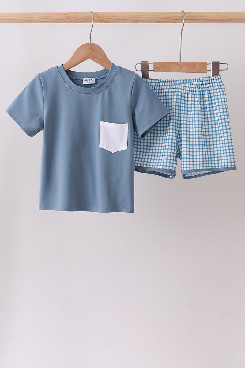 Blue Pocket Grid Shorts Set