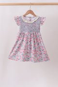 Blue Floral Smocked Ruffle Dress