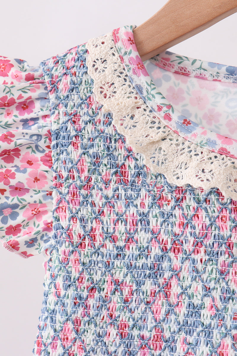 Blue Floral Smocked Ruffle Dress