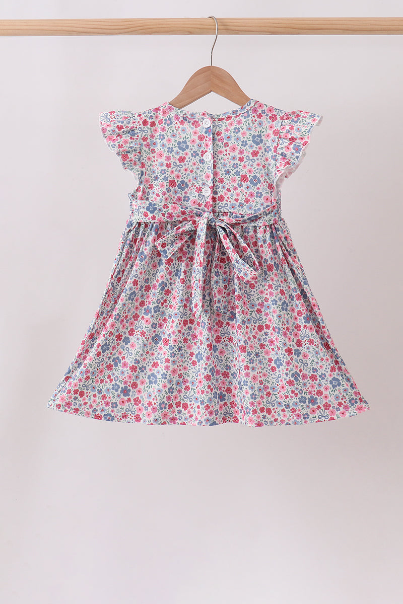 Blue Floral Smocked Ruffle Dress