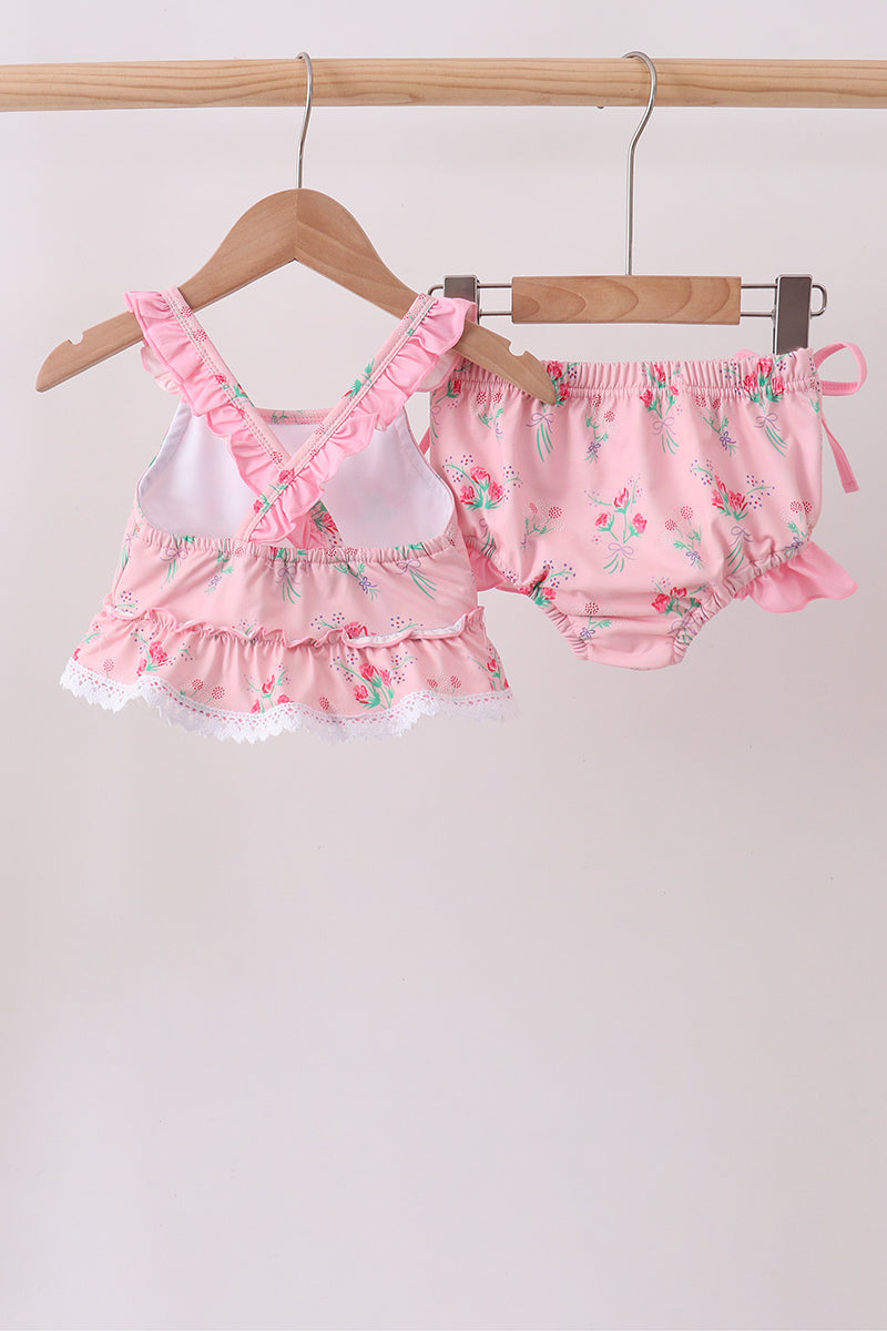 Pink Floral Ruffle 2pc Swimsuit
