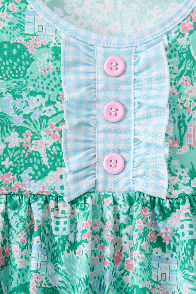 Green house floral Ruffle Shorts Set