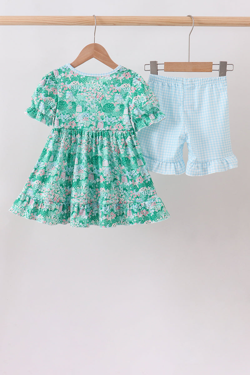 Green house floral Ruffle Shorts Set