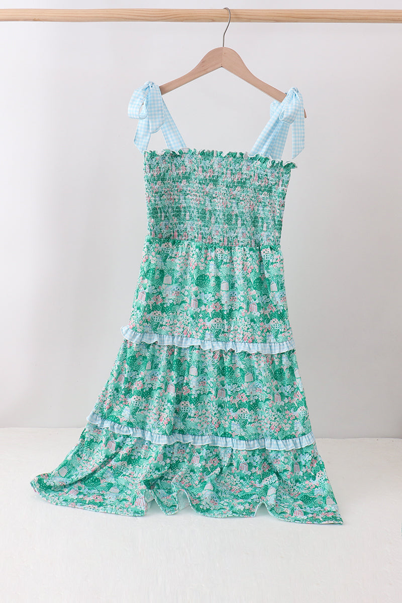 Green house floral Smocked Tiered Mom Dress