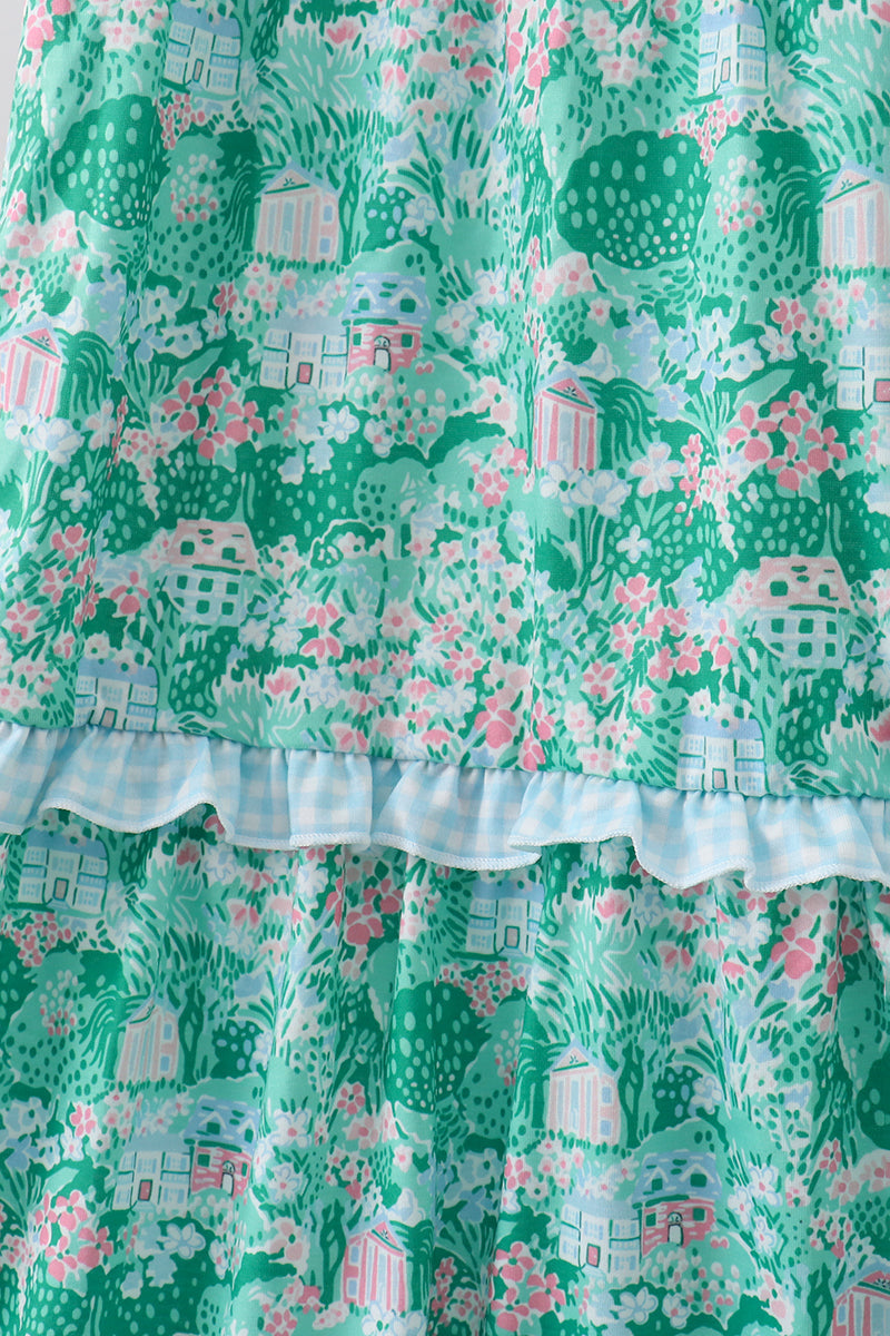 Green house floral Smocked Tiered Mom Dress