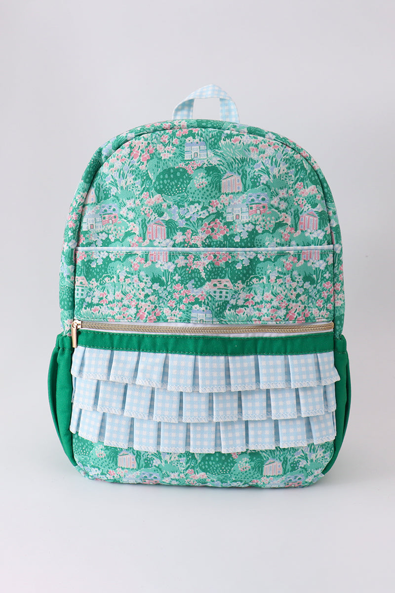 Green floral ruffle backpack