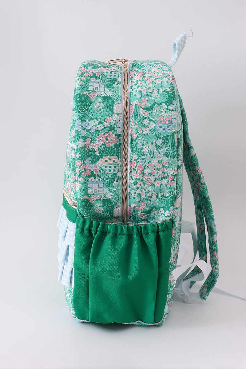 Green floral ruffle backpack
