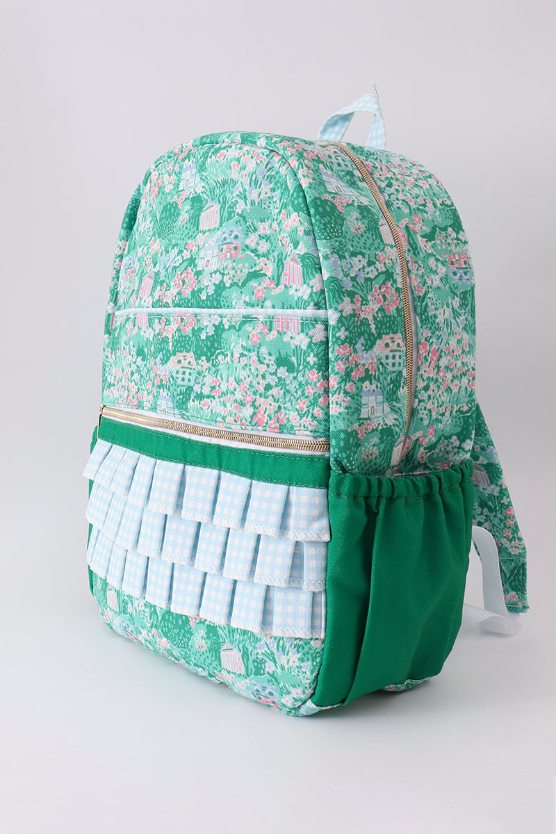 Green floral ruffle backpack