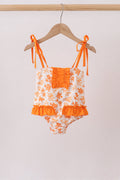 Orange Floral Print Ruffle Swimsuit